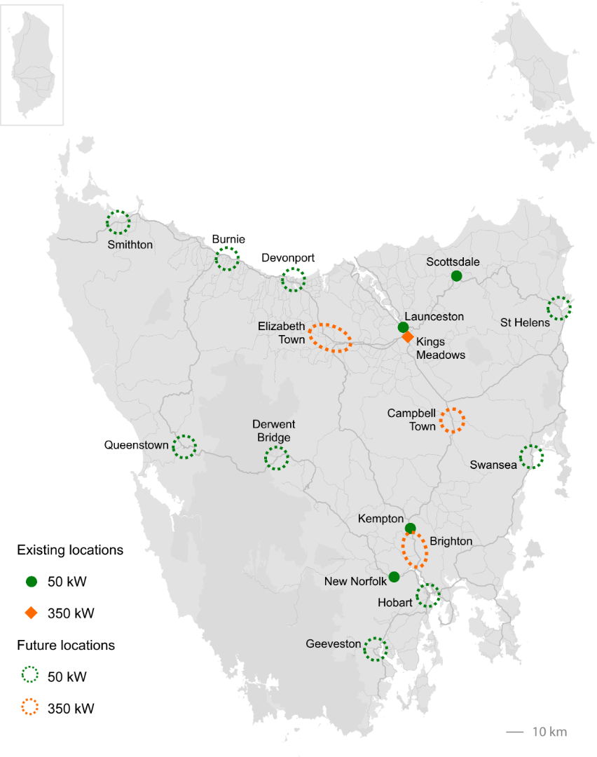 Map of existing and future fast chargers in Tasmania